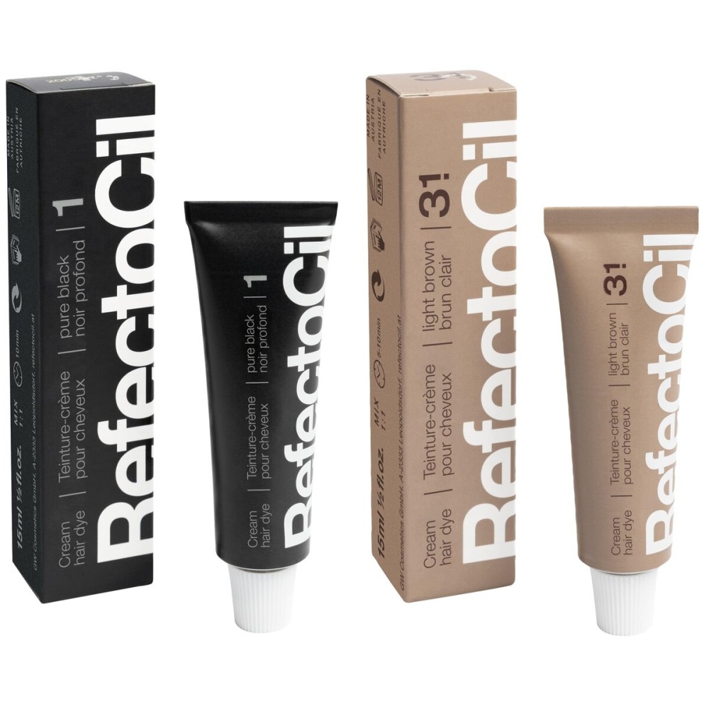 RefectoCil Cream Hair Dye 2-Pack - Professional Hair Tint for Long-Lasting Color - Black (1) + Light Brown (3.1)