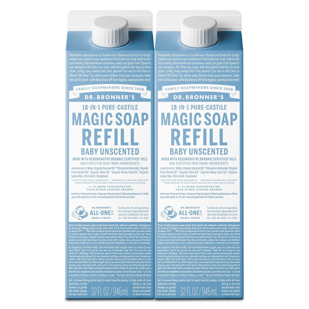 Dr. Bronner\'s Magic Soap-Pure-Castile Liquid Refill (Baby Unscented, 32 ounce, 2-Pack) - Made with Regenerative Organic Certified Oils, For Body, Hair, Laundry, Pets & Dishes, Concentrated, Vegan