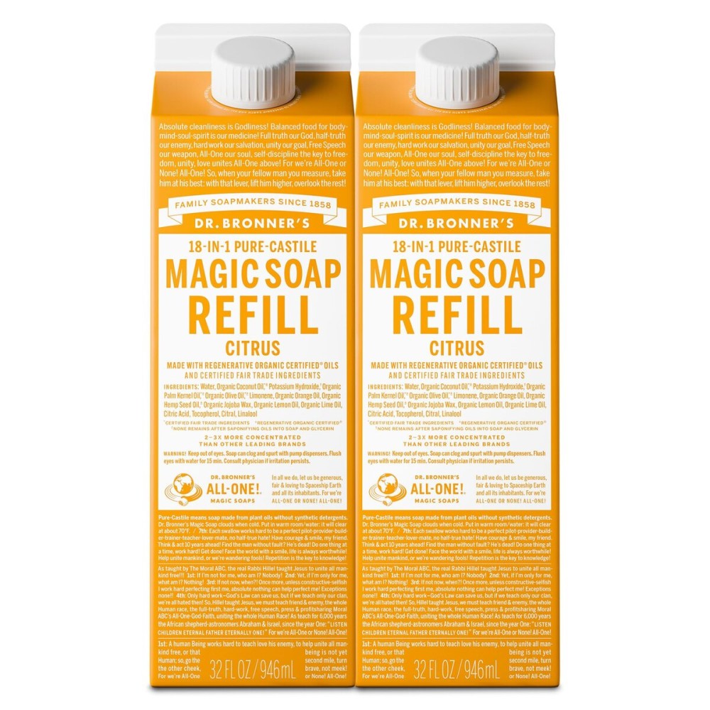Dr. Bronner\'s Magic Soap-Pure-Castile Liquid Refill (Citrus, 32 ounce, 2-Pack) - Made with Regenerative Organic Certified Oils, For Body, Hair, Laundry, Pets & Dishes - Concentrated, Vegan, Non-GMO