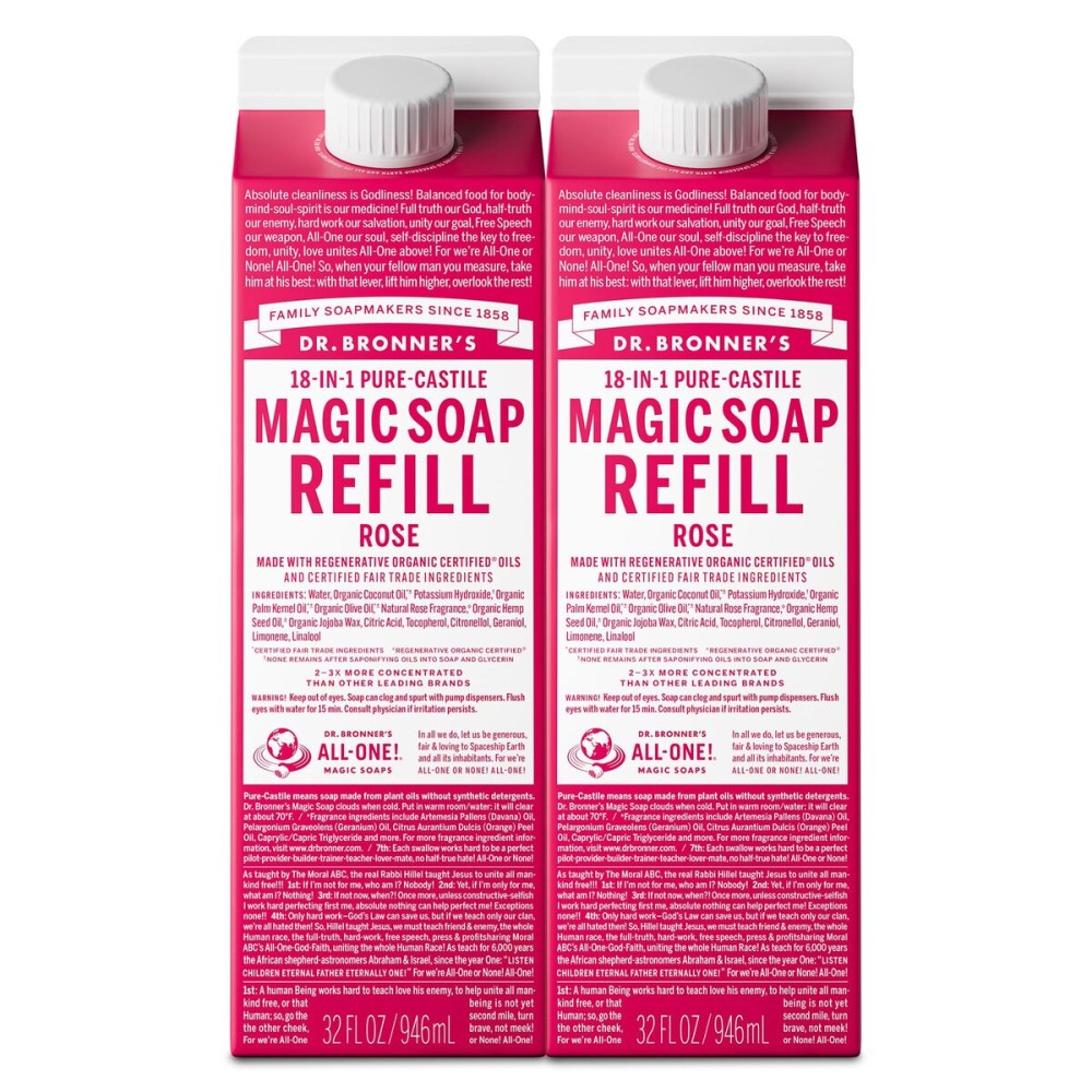 Dr. Bronner\'s Magic Soap-Pure-Castile Liquid Soap Refill (Rose 32 ounce, 2-Pack)-Regenerative Organic Certified Oils, For Body, Hair, Laundry, Pets & Dishes, Concentrated, Vegan, Non-GMO