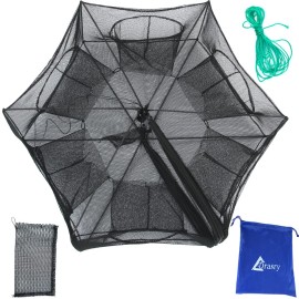 Drasry Black Fishing Bait Trap Foldable Fish Net for Minnow Crab Crayfish Crawdad Shrimp Trap Cast Net Dip Cage Collapsible Easy Use 4 6 Hole Fishing Accessories (6 Holes Black)