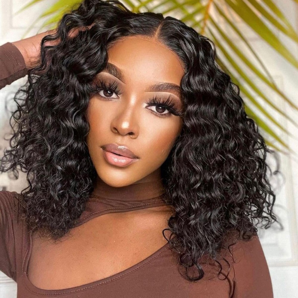 Jewhaut 13x4 Deep Wave HD Lace Front Wigs Human Hair 180% Density Glueless Bob Wigs Human Hair Pre Plucked Short Bob Wigs for Black Women Frontal Wig Human Hair Natural Black Color 12 Inch