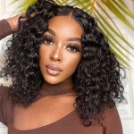 Jewhaut 13x4 Deep Wave HD Lace Front Wigs Human Hair 180% Density Glueless Bob Wigs Human Hair Pre Plucked Short Bob Wigs for Black Women Frontal Wig Human Hair Natural Black Color 12 Inch