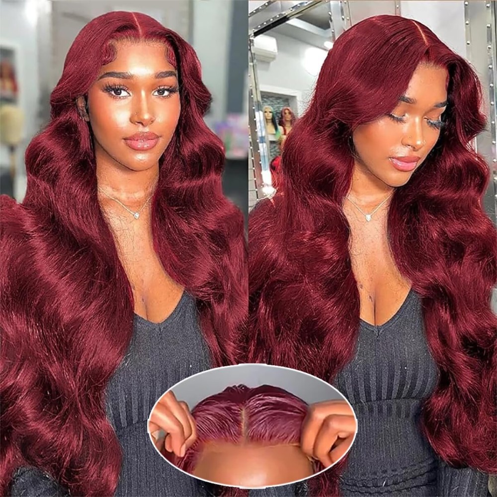 Wear and Go Glueless Wigs Human Hair Pre Plucked Pre Cut for Beginners 99j Burgundy Lace Front Wigs Human Hair Upgraded No Glue 5x5 HD Body Wave Lace Closure Wigs Human Hair for Women 28 Inch