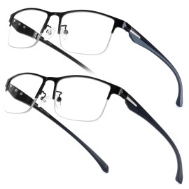 SKYOAK 2 Pack TR90 Premium Reading Glasses for Men, Half Frame No-Line Blue Light Blocking Computer Readers Anti Glare UV Eyeglasses, 2x