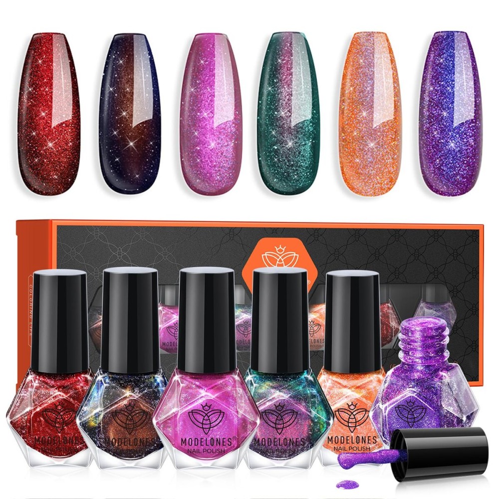 modelones Christmas Nail Polish Set 6 Colors, Red Green Glitter Purple Orange Quick Dry Mini Nail Lacquer Kit Winter Holographic Sparkle Holiday Manicure Nail Art Gift for Women Girls