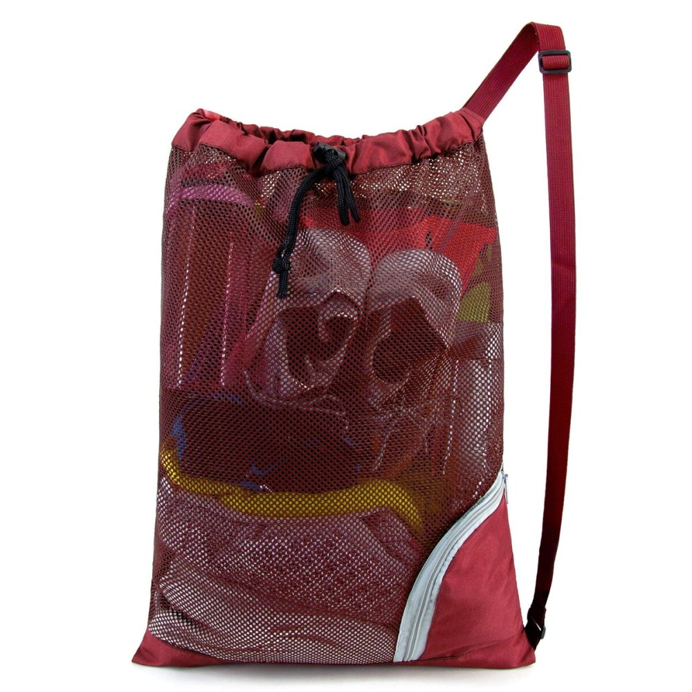 BeeGreen Mesh Drawstring Bag Swim Backpack for Beach Pool Sports Gym Draw String Cinch Bags for Swimming Soccer Basketball Gear Red
