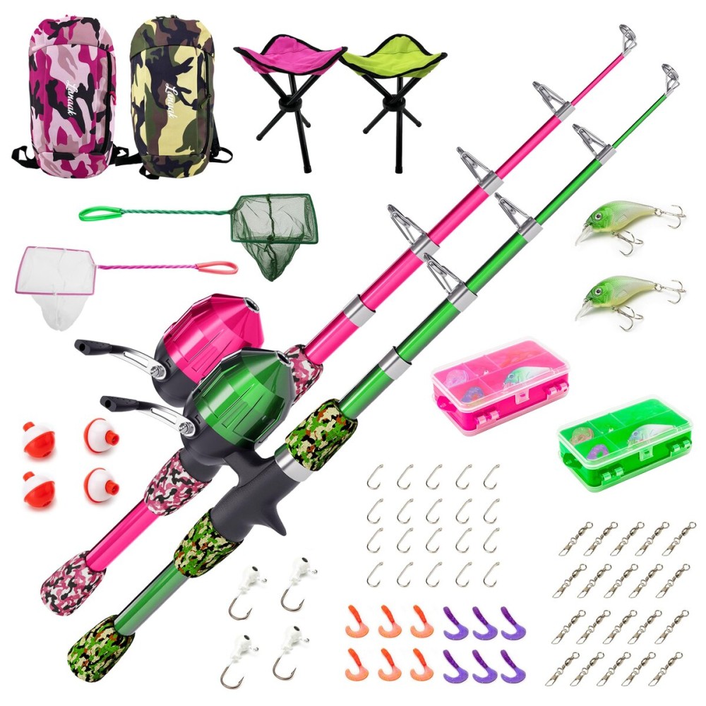 Lanaak 2 Pack Kids Telescopic Fishing Pole, Portable Fishing Rod Set, Tackle Box and Fishing Net Combo Kit, Kids Fishing Gear for Boys and Girls Age 5-10 and Youth - Green and Pink