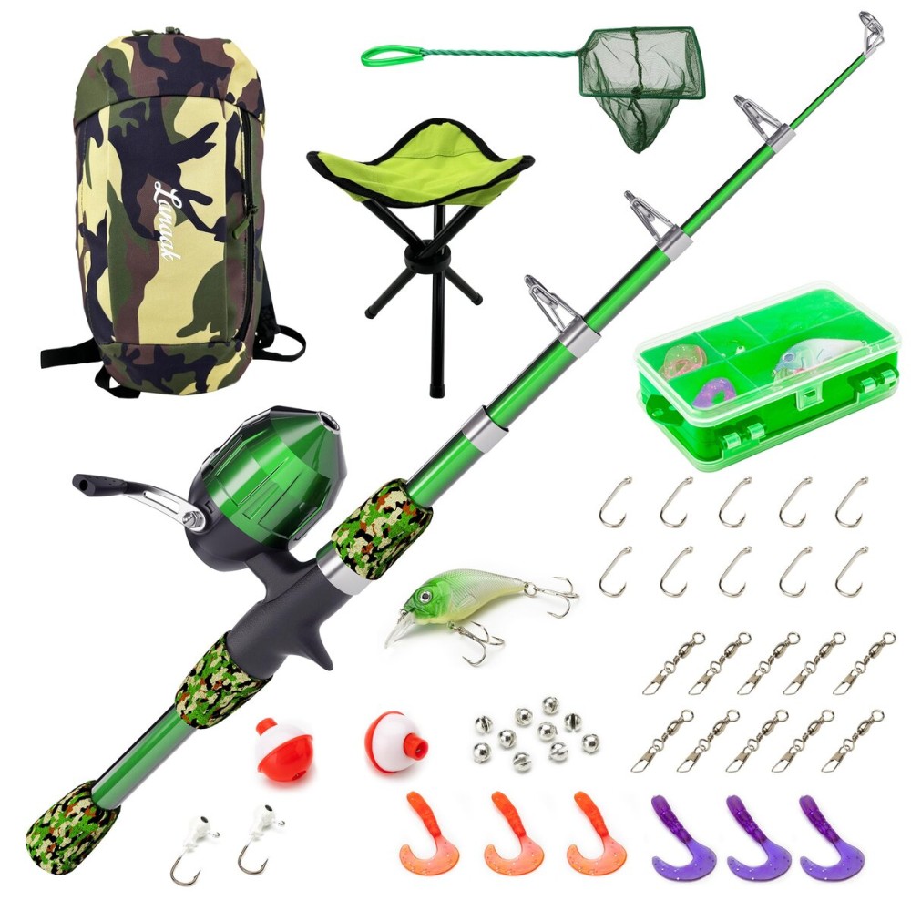 Lanaak Kids Beginner\'s Fishing Pole and Tackle Box - with All New Kids Camo Back-Pack, Net, Reel and Beginners Guide - Rod and Reel Kit for Boys, Girls, or Youth (Camo Green)