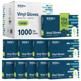 Ridex Disposable Gloves Latex-Free Clear Vinyl Gloves, 1000-Count, Thick, Powder-Free, All-Purpose, Large, Ambidextrous, Clear Family