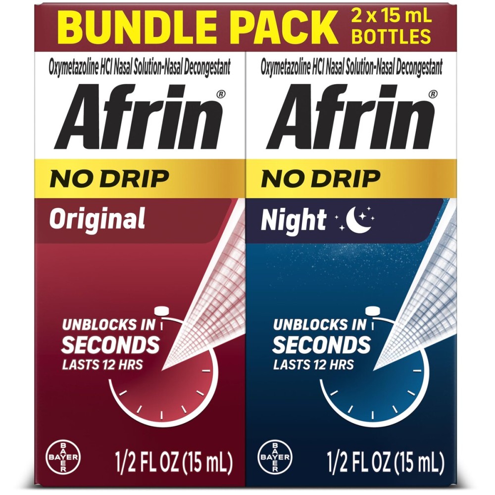Afrin No Drip Original + Night Nasal Mist Bundle Pack, Non-Drowsy, Fast-Acting Decongestant for Nasal Congestion and Sinus Pressure Relief, Adults and Children 6 and Older, .5 fl oz (Pack of 2)