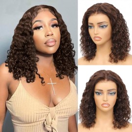 virginess Wear and Go Glueless Wigs Human Hair Pre Plucked Pre Cut Chocolate Brown Deep Wave Wigs for Black Women Human Hair Bob Wig With Elastic Band Upgraded 4x4 Lace Closure Wigs (14 Inch)
