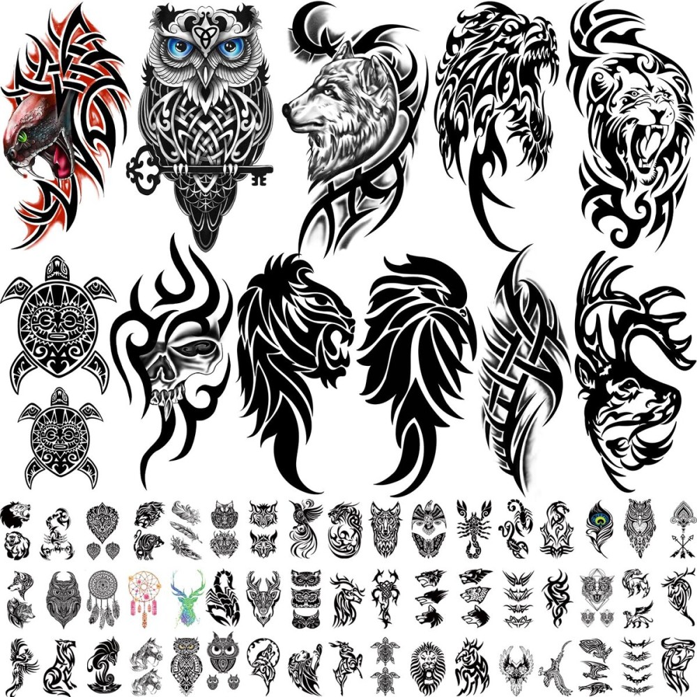 77 Sheets Tribal Temporary Tattoos for Men, 17 Sheets Half Arm Western Tribal Wolf Lion Owl Skull Fake Tattoos for Adults Women, 60 Black Tiny Tattoos Sticker for Halloween Party Supplies