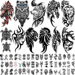 77 Sheets Tribal Temporary Tattoos for Men, 17 Sheets Half Arm Western Tribal Wolf Lion Owl Skull Fake Tattoos for Adults Women, 60 Black Tiny Tattoos Sticker for Halloween Party Supplies