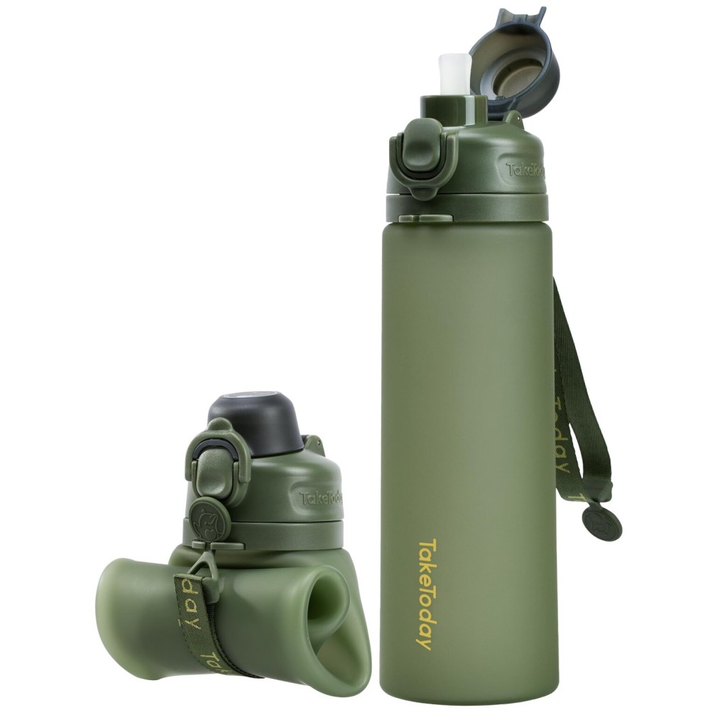 TakeToday Collapsible Water Bottles 20oz, Leak Proof, BPA-Free, Foldable Silicone Travel Water Bottle with Straw Strap for Cycling, Hiking, Outdoors