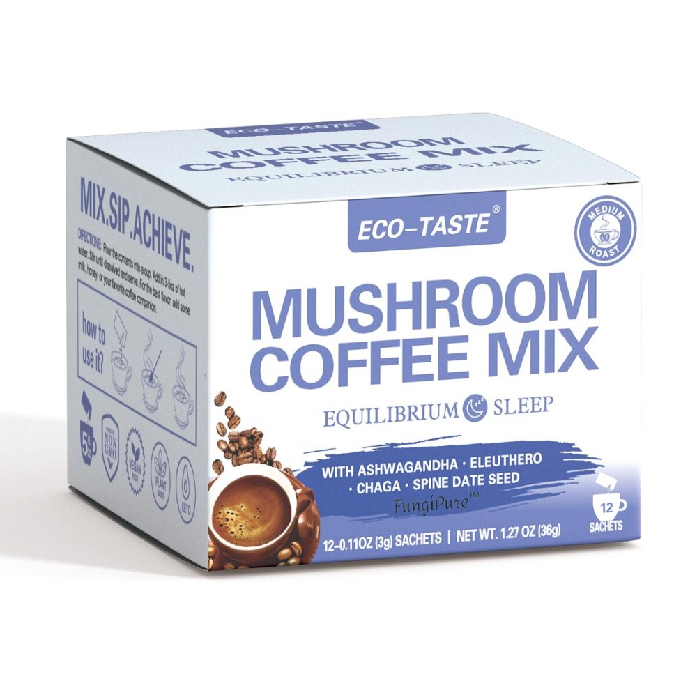 ECO-TASTE Mushroom Coffee Mix, Designed for Balance with Ashwagandha, Eleuthero, Chaga, Spine date seed - 12 Sachets