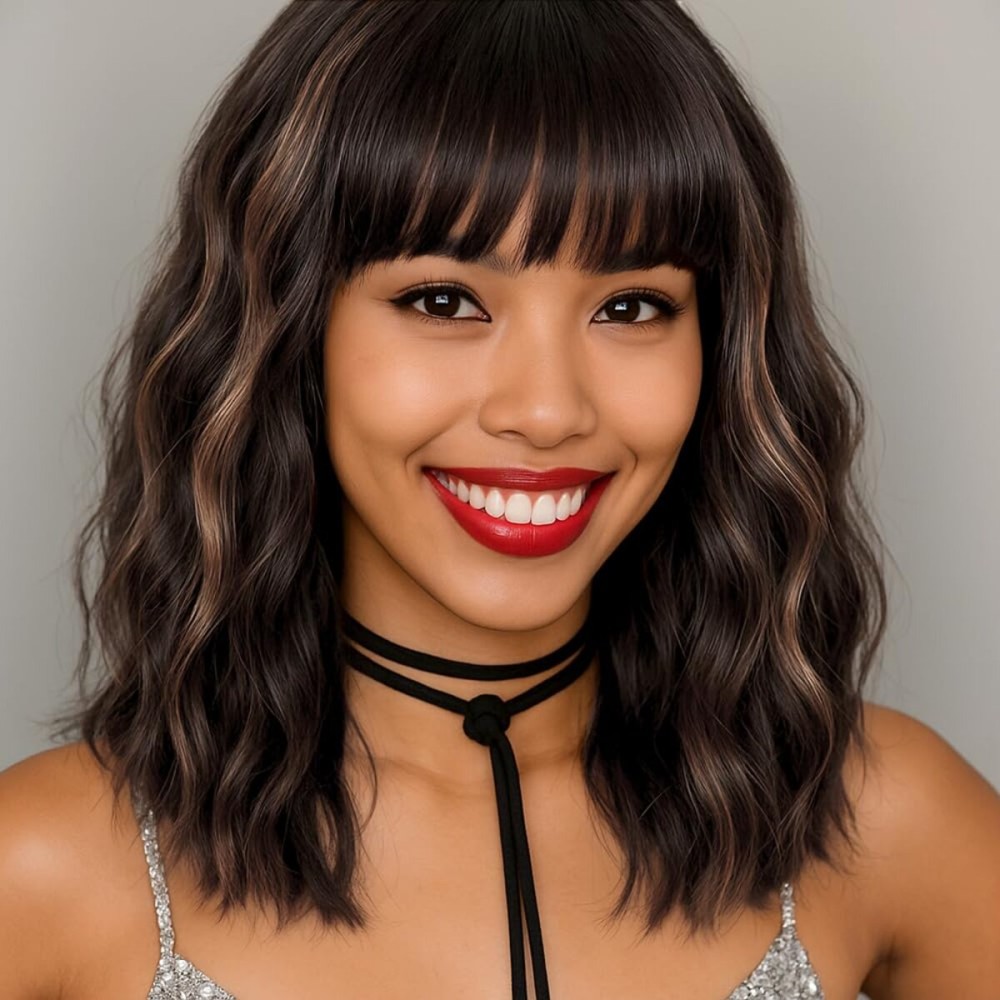WAVE&BREEZE Short Brown Wavy Wigs with Bangs 14Inch Blonde Highlight Curly Bob Wig for Women Shoulder Length Natural Looking Hair Replacement Wig for Daily Party Use Cosplay Costume Halloween Wig