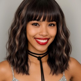 WAVE&BREEZE Short Brown Wavy Wigs with Bangs 14Inch Blonde Highlight Curly Bob Wig for Women Shoulder Length Natural Looking Hair Replacement Wig for Daily Party Use Cosplay Costume Halloween Wig