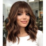 WAVE&BREEZE Short Brown Highlight Blonde Wigs with Bangs 14Inch Blonde Curly Bob Wig for Women Shoulder Length Natural Looking Hair Replacement Wig for Daily Party Use Cosplay Costume Halloween Wig