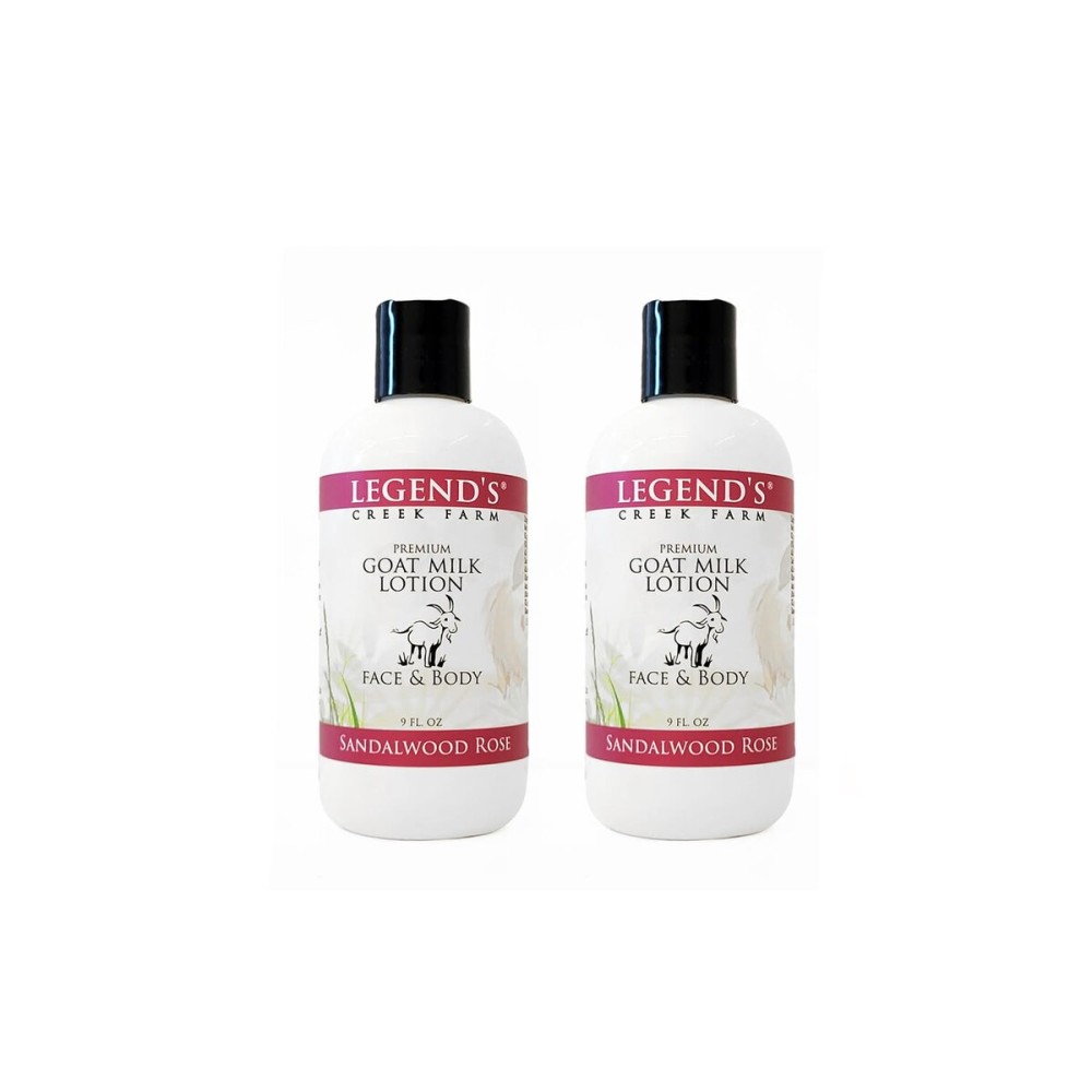 Legend\'s Creek Farm Goat Milk Lotion - Moisturizing Goat Milk Body Lotion for Body, Hand & Face - 9 oz Body Moisturizer with Shea Butter, Sunflower Oil, Aloe, Handmade in USA (2-Pack, Sandalwood Rose)