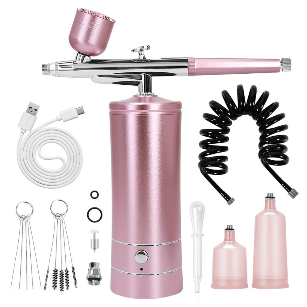 Airbrush Kit Air Brush Kit With Air Compressor Nail Charms Wireless Air Brush for Barber, Nail Art, Cake Decor, Makeup, Model Painting (Pink - with extension tube)
