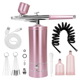 Airbrush Kit Air Brush Kit With Air Compressor Nail Charms Wireless Air Brush for Barber, Nail Art, Cake Decor, Makeup, Model Painting (Pink - with extension tube)