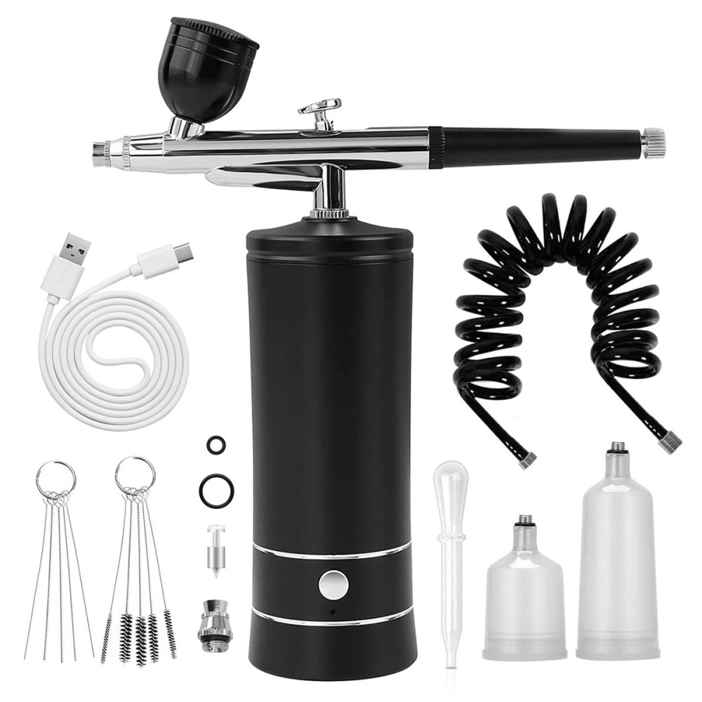 Airbrush Kit Air Brush Kit With Air Compressor Nail Charms Wireless Air Brush for Barber, Nail Art, Cake Decor, Makeup, Model Painting (Black - with extension tube)