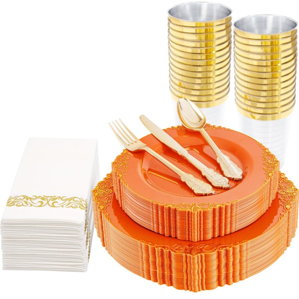 Nervure 175PCS Orange Plastic Plates - Orange and Gold Disposable Plates for 25 Guests Include 50Plates, 25Cups, 25Forks, 25Knives, 25Spoons, 25Napkins for Wedding & Party
