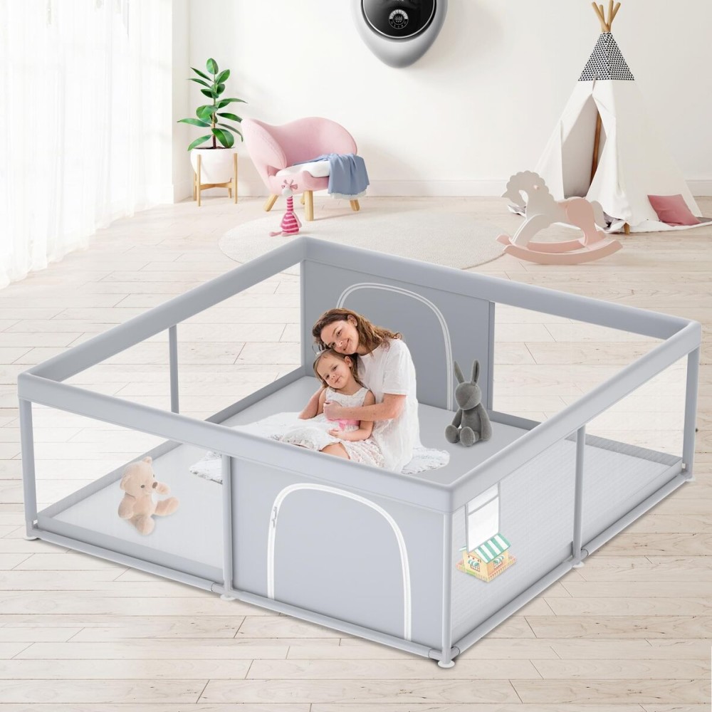 XVISHX Baby Playpen, 79\'\'x79\'\' Extra Large Playpen for Babies and Toddlers, Baby Fence Play Pen for Indoor & Outdoor, with Soft Breathable Mesh Grey