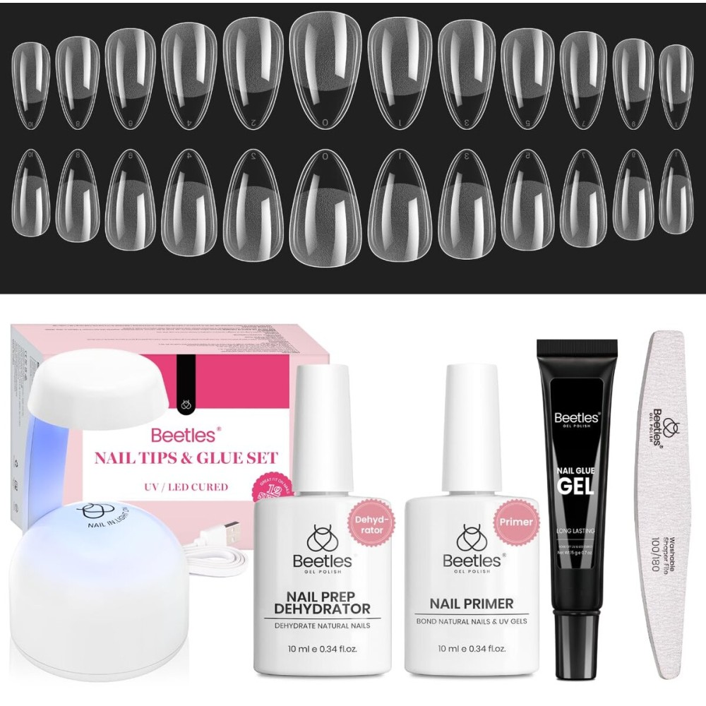 Beetles Gel Nail Kit Short Almond Gift Spree, with Dehydrator and Primer, 576Pcs Half Matte Etch-X Gel Nail Tips Solid Nail Glue Mini Lamp Acrylic Tips Easy DIY Extension Set Gift for Women