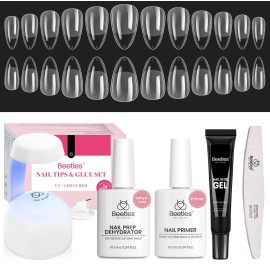 Beetles Gel Nail Kit Short Almond Gift Spree, with Dehydrator and Primer, 576Pcs Half Matte Etch-X Gel Nail Tips Solid Nail Glue Mini Lamp Acrylic Tips Easy DIY Extension Set Gift for Women