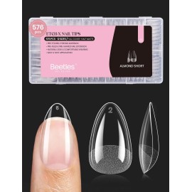 Beetles Gel Nail Tips 576Pcs Pre-shape Short Almond Etch-X Nail Tips,12 Sizes Soft Acrylic False Nail Tips Half Matte Full Cover Easy DIY Press On Nail Extensions Art Salon Gift Set for Women