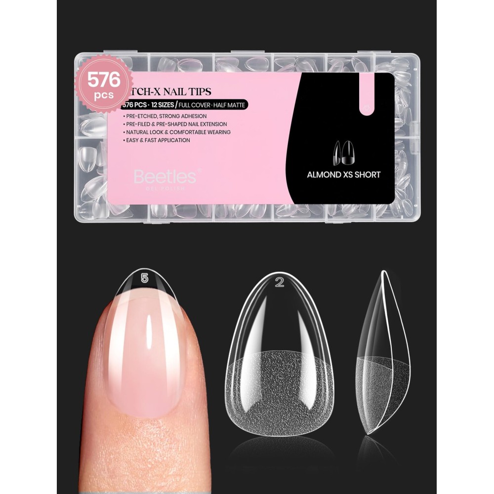 Beetles Gel Nail Tips 576Pcs Extra Short Almond Fake Nails Etch-X Half Matte Press on Nail Tips Full Cover Gifts for Women Gel Nail Polish Extensions Set