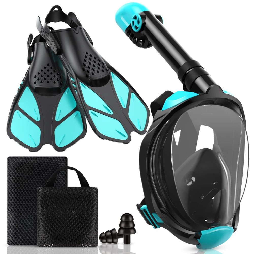 Viginsul Mask Fins Snorkeling Gear for Adults, Full Face Snorkel Mask & Adjustable Swim Fins Snorkel Set, Panoramic View Snorkel Mask Dry Top Anti-Fog Anti-Leak (Black Green, S/M mask+L/XL fins)