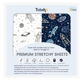 TotAha Premium Stretchy Space Crib Sheets (2-Pack)-Hypoallergenic, Silky Comfort, Buttery Soft, Calming Effect, All-Season Jersey-Knit Sheets, 9\'\' Extra Deep Pocket