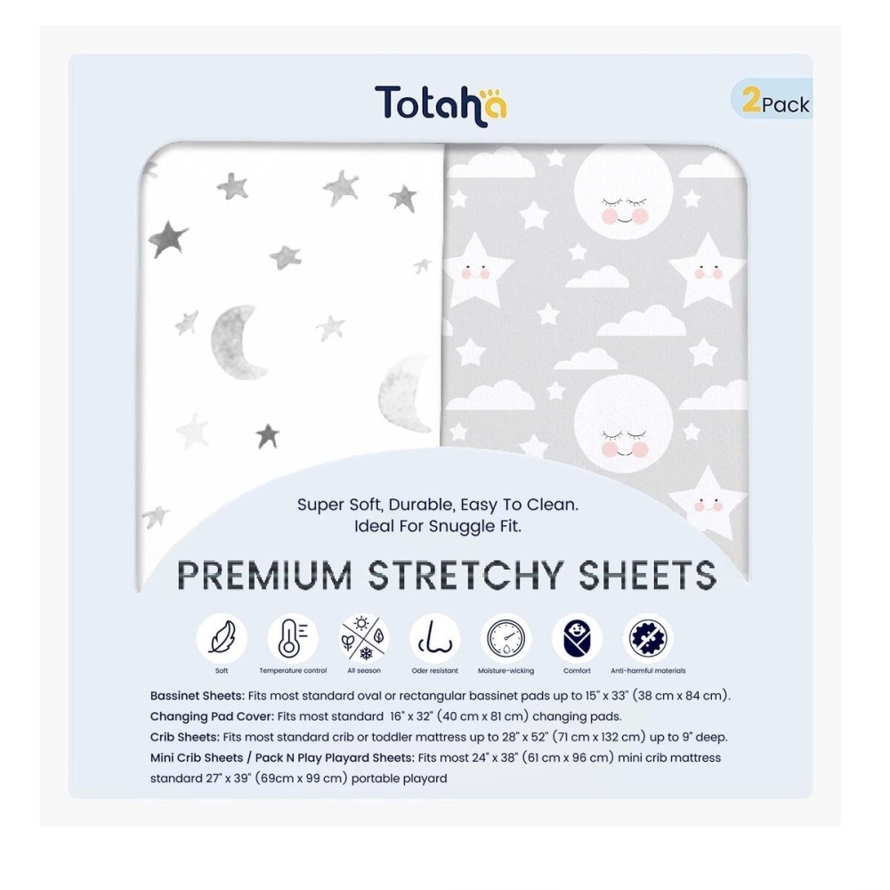 TotAha Premium Stretchy Crib Sheets (2-Pack)-Hypoallergenic, Silky Comfort, Buttery Soft, Calming Effect, All-Season Jersey-Knit Sheets, 9\'\' Extra Deep Pocket, Moon & Grey Sky