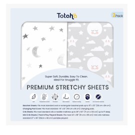 TotAha Premium Stretchy Crib Sheets (2-Pack)-Hypoallergenic, Silky Comfort, Buttery Soft, Calming Effect, All-Season Jersey-Knit Sheets, 9\'\' Extra Deep Pocket, Moon & Grey Sky