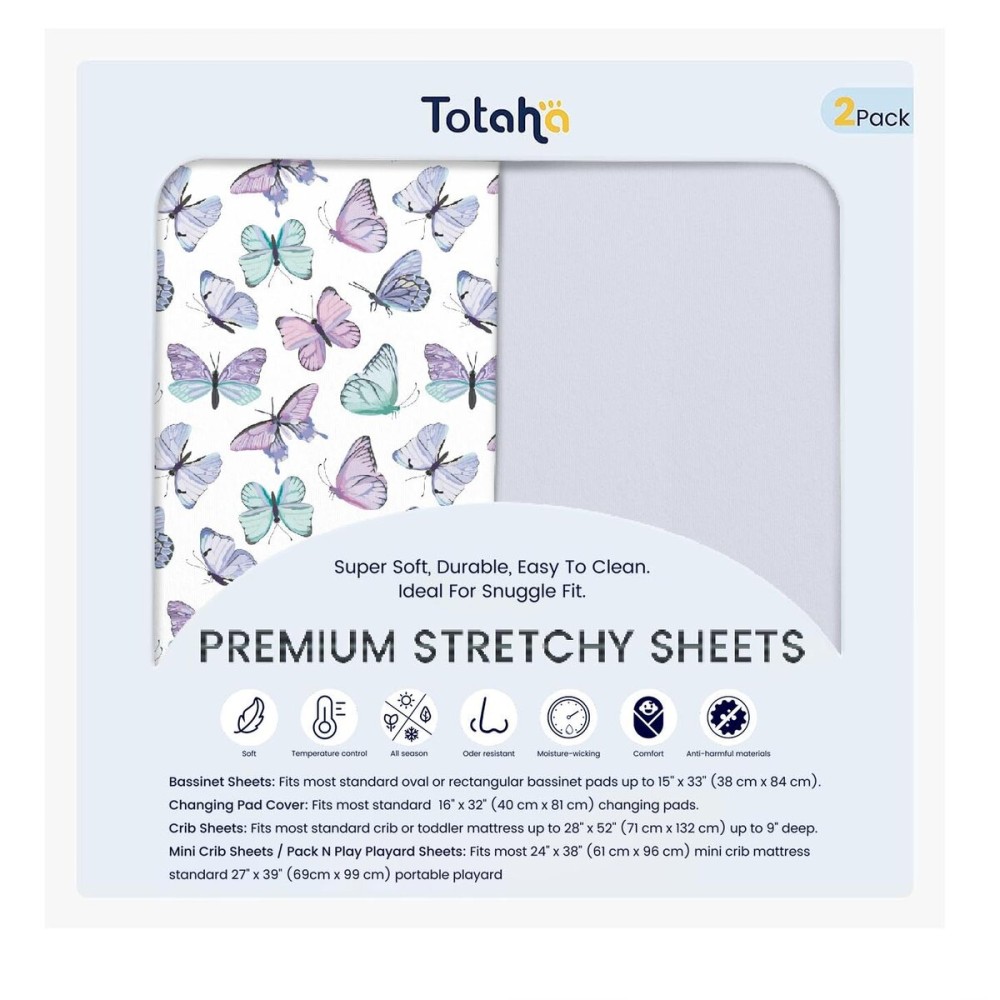 TotAha Premium Soft Pack n Play Sheets, Super Stretchy Jersey Knit Mini Crib Sheets Fitted, Silky Comfort Graco Pack and Play Mattress Sheets 2-Pack, Purple Butterfly