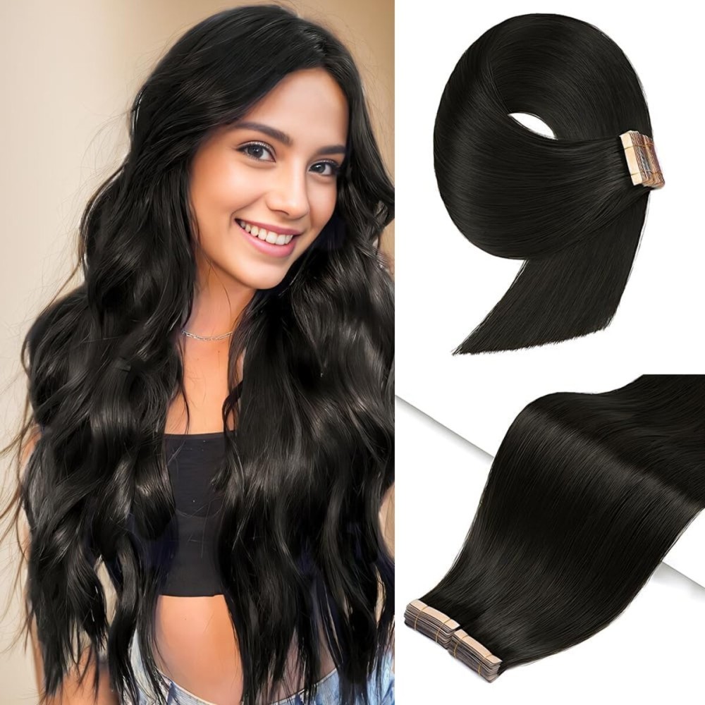 YDDM Natural Black 20pcs 18 Inch Tape in Hair Extensions Human Hair, 100% Remy Human Hair for Women Straight Seamless Invisible Tape in Hair Extensions(1B, 18 Inch)