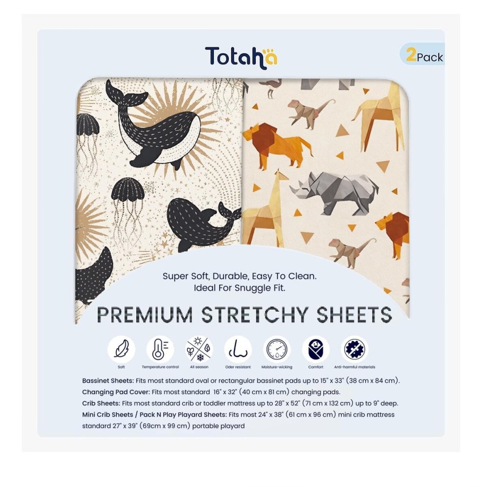 Graco Pack and Play Sheets - Fitted, Hypoallergenic Mini Crib Sheets - Boy - Zoo Safari & Sea Animals - 2 Pack