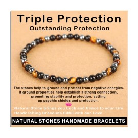 AD Beads Handmade Gemstone Stretch Elastic Bracelet Crystal Healing Reiki Nature\'s Beauty and Spiritual Essence Unisex (4mm, Triple Protection (Strong Protect))