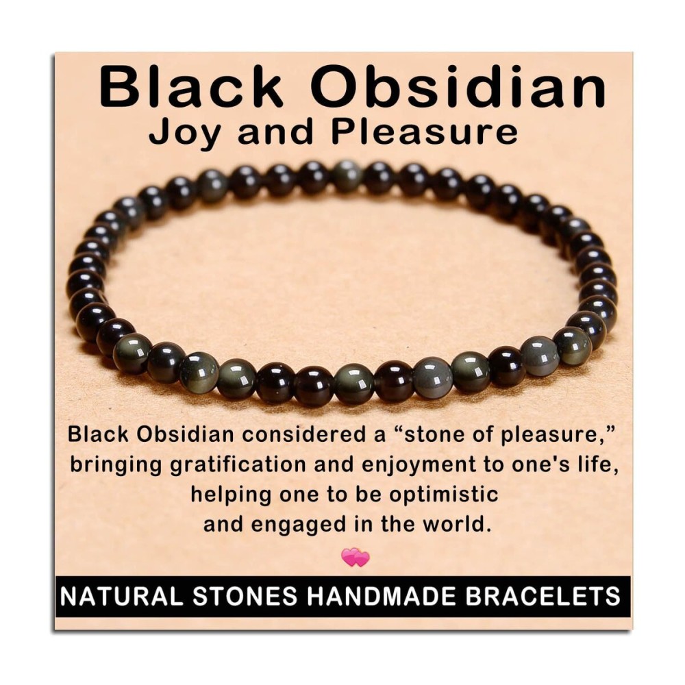 AD Beads Handmade Gemstone Stretch Elastic Bracelet Crystal Healing Reiki Nature\'s Beauty and Spiritual Essence Unisex (4mm, Black Obsidian (Pleasure))