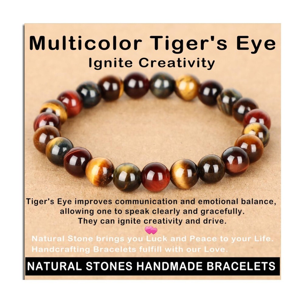 AD Beads Handmade Gemstone Stretch Elastic Bracelet Crystal Healing Reiki Nature\'s Beauty and Spiritual Essence Unisex (8mm, Multicolor Tiger\'s Eye (Ignite Creativity))