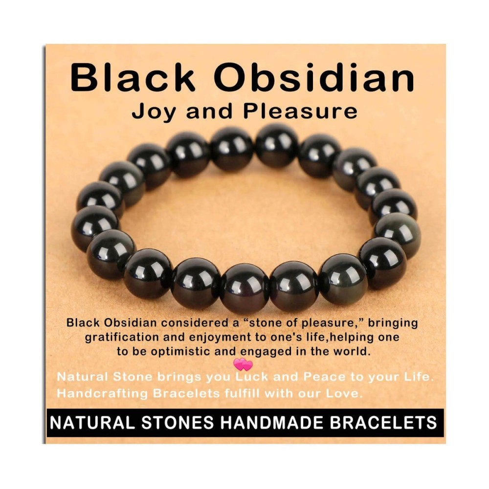 AD Beads Handmade Gemstone Stretch Elastic Bracelet Crystal Healing Reiki Nature\'s Beauty and Spiritual Essence Unisex (10mm, Black Obsidian (Pleasure))