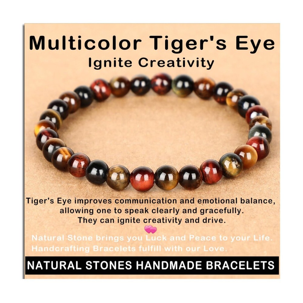 AD Beads Handmade Gemstone Stretch Elastic Bracelet Crystal Healing Reiki Nature\'s Beauty and Spiritual Essence Unisex (6mm, Multicolor Tiger\'s Eye (Ignite Creativity))