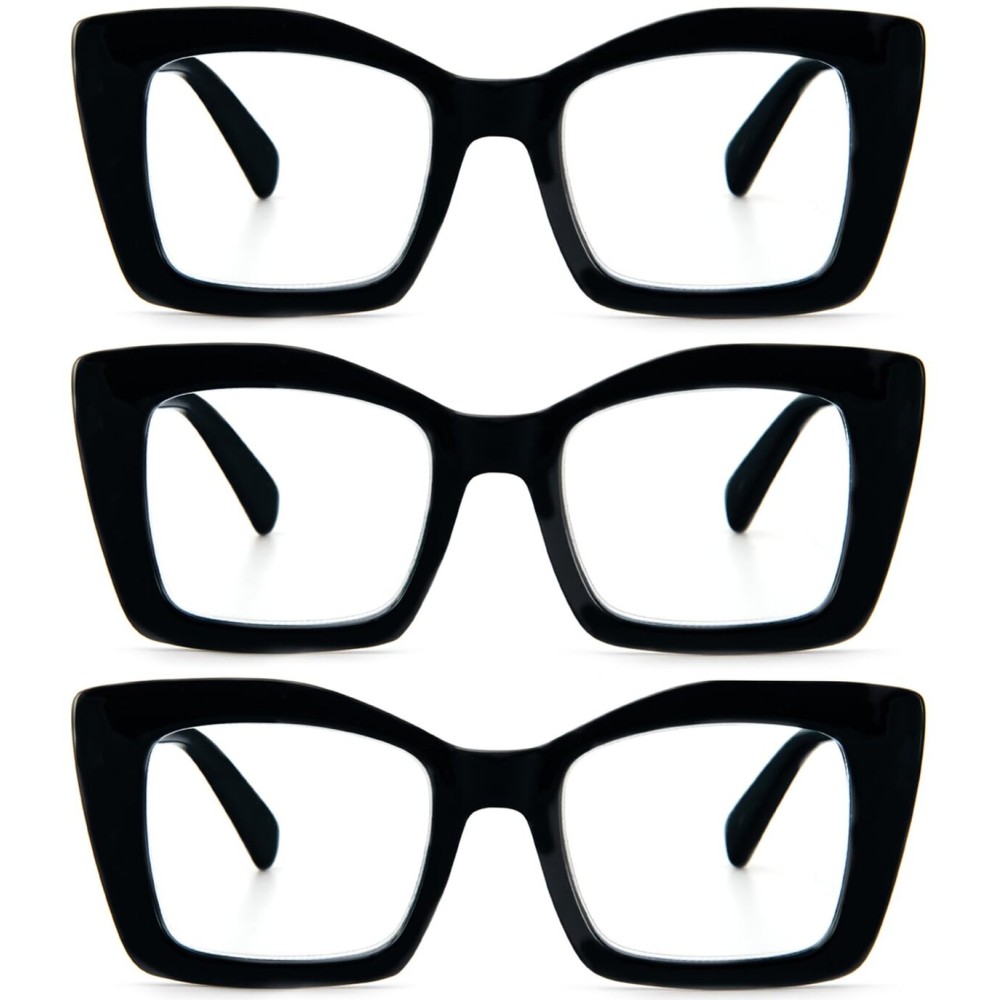 REAVEE 3 Pack Oversized Square Reading Glasses Oprah Style for Women, Blue Light Blocking Large Frame Computer Designer Fashion Readers with Spring Hinge (Black,1.75)