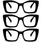 REAVEE 3 Pack Oversized Square Reading Glasses Oprah Style for Women, Blue Light Blocking Large Frame Computer Designer Fashion Readers with Spring Hinge (Black,1.75)