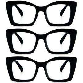 REAVEE 3 Pack Oversized Square Reading Glasses Oprah Style for Women, Blue Light Blocking Large Frame Computer Designer Fashion Readers with Spring Hinge (Black,1.75)