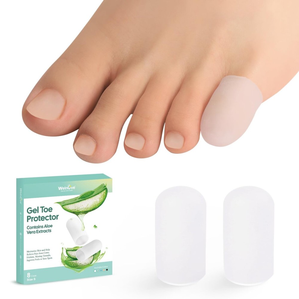 Welnove Gel Toe Cap and Protector - Silicone Toe Covers - Toe Cushions for Pain Relief, Missing or Ingrown Toenails, Corns, Calluses, Blisters - Infused Aloe Vera Extract (8 Small, Clear)
