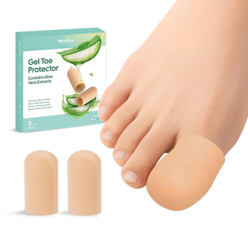 Welnove Gel Toe Cap and Protector - Silicone Toe Covers - Toe Cushions for Pain Relief, Missing or Ingrown Toenails, Corns, Calluses, Blisters (8 Large, Beige)